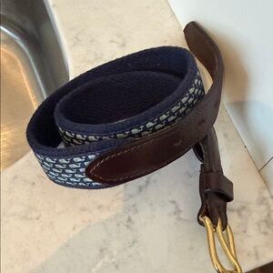 Vineyard Vines Navy and Brown Kids Belt with Gold Buckle